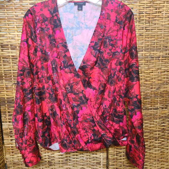 Halogen Red Blouse Floral Print Blouse Sz 1 or XL Long Sleeve Cross Over Front - Picture 4 of 6